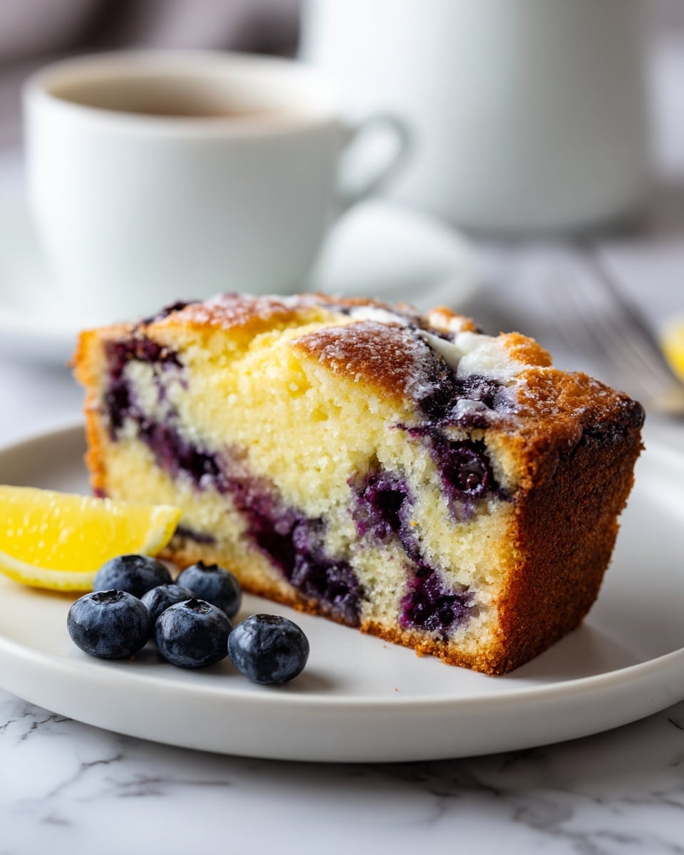 A slice of blueberry cake is placed on a white plate, showing one thick layer with a soft, yellow texture filled with scattered dark purple blueberries inside. On top of the cake slice, there is a single whole blueberry as decoration. Beside the plate, there is a lemon wedge on the white marbled surface. The background is softly blurred with some blueberries visible. Photo taken with an iphone --ar 4:5 --v 7