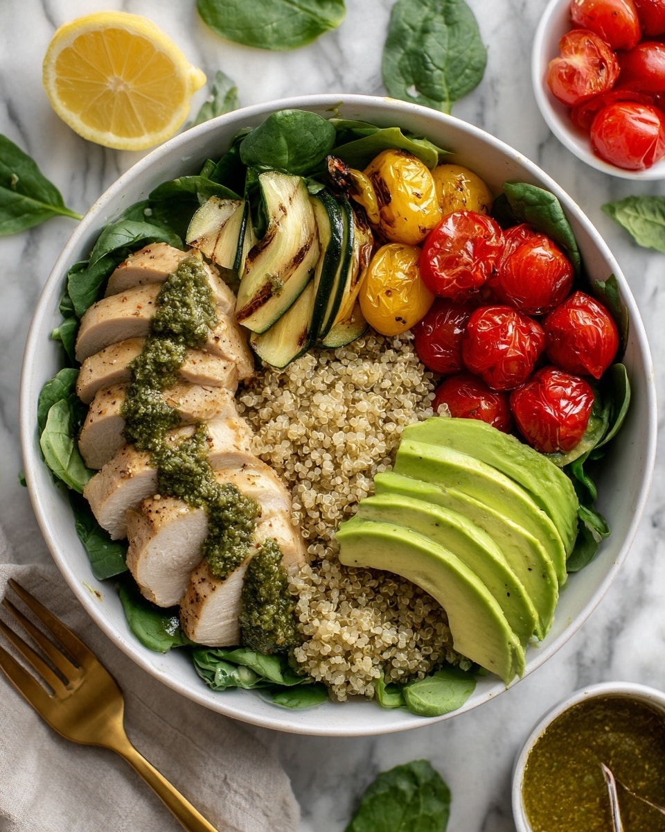 The dish is served in a white bowl filled with fresh green spinach leaves at the bottom. On top, there are slices of grilled light brown chicken arranged on one side, covered with a thick green pesto sauce. Next to the chicken, a handful of roasted red cherry tomatoes and several pieces of lightly browned zucchini rounds are placed. On the opposite side, there are slices of creamy green avocado and a small wedge of yellow lemon. The bowl also contains a base of cooked quinoa with a mix of white, red, and black grains scattered around. A golden fork rests on the edge of the bowl, placed on a white marbled surface with extra small bowls of spinach leaves, cherry tomatoes, and dressing nearby. Photo taken with an iphone --ar 4:5 --v 7