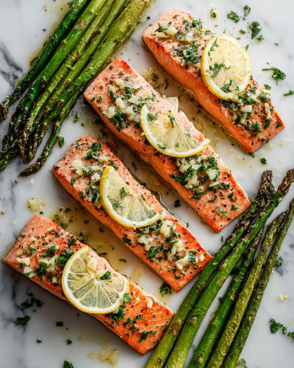 Four pieces of cooked pink salmon fillets lay flat on a white marbled surface arranged in a loose square shape. Each fillet is topped with finely chopped green herbs mixed with small bits of white garlic, and a thin yellow slice of lemon rests on top of each piece. Around the salmon, long green roasted asparagus spears with some browned tips are scattered, adding contrast. The surface shows light oily and seasoned spots around the food, giving a fresh cooked feel. Photo taken with an iphone --ar 4:5 --v 7