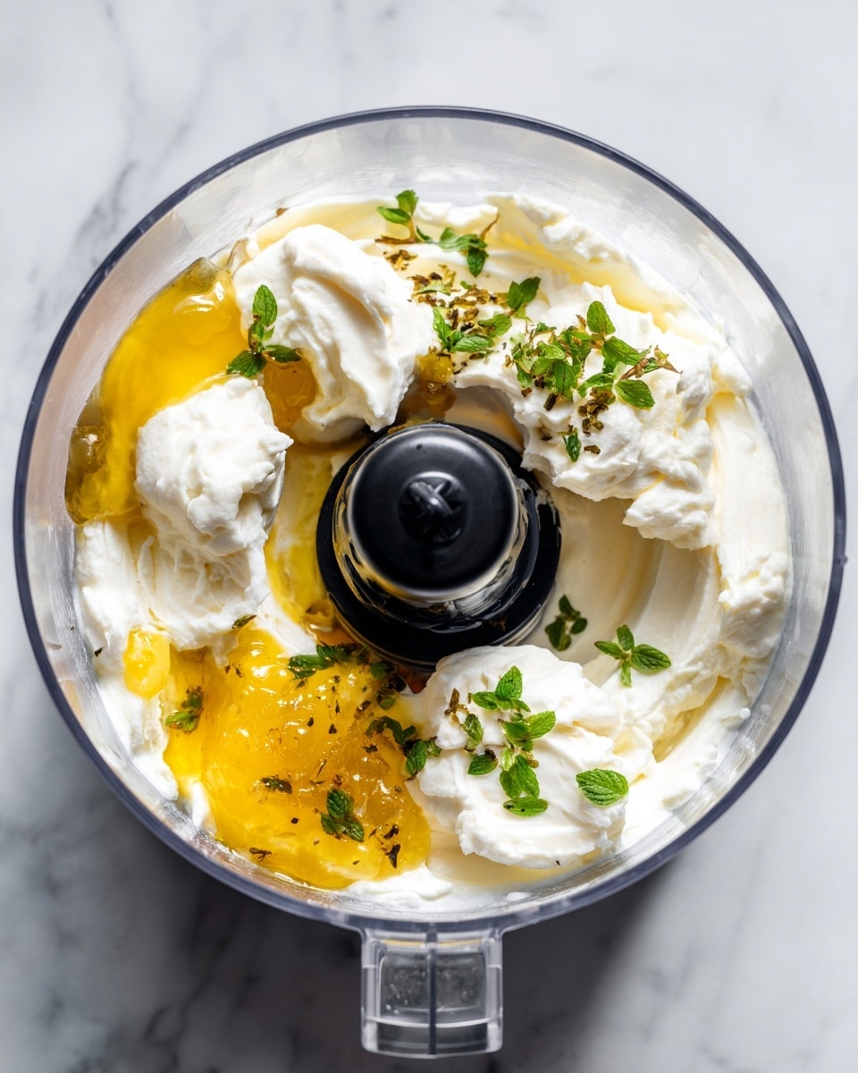 The image shows a clear food processor bowl filled with soft white cheese or cream that forms the base layer, with dollops of thick yellow honey or syrup on one side near the center, and small bright green herb leaves sprinkled on top nearby. The bowl is placed on a white marbled surface, and the parts of the food processor, including the central black blade holder, are visible in the middle. Photo taken with an iphone --ar 4:5 --v 7