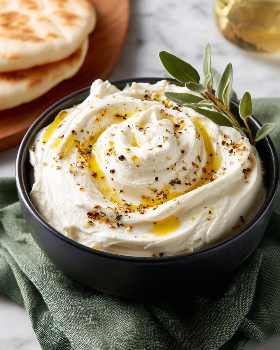 A white bowl holds a creamy, thick layer of white dip with a smooth, slightly fluffy texture. On top, a swirl of golden yellow oil creates a spiral pattern, with some black pepper sprinkled over the surface. A small green sprig of rosemary rests on the right side of the dip. The bowl is placed on a soft green cloth, and to the left, pieces of toasted bread sit on a white marbled surface. The whole scene is lit softly to show the textures clearly. photo taken with an iphone --ar 4:5 --v 7