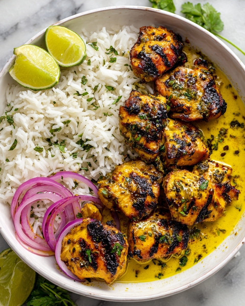 A white bowl filled with fluffy white rice on one side and golden brown grilled chicken pieces on the other side, resting in a light yellow curry sauce. On top of the rice, there are thin slices of red onion and small red chili slices, garnish of green herbs is scattered around the dish. A lime half is placed near the edge of the bowl. The bowl sits on a white marbled surface with some green herbs around it. Photo taken with an iphone --ar 4:5 --v 7
