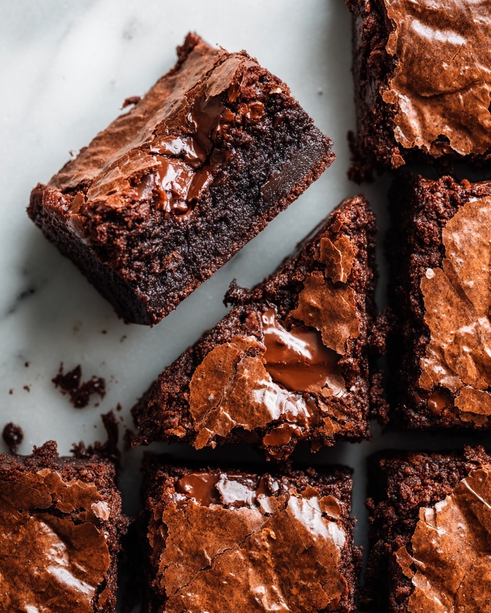 A close-up view of nine square brownie pieces arranged on a white marbled surface, with one brownie slightly lifted above the rest showing a soft, moist, dark chocolate interior with melted chocolate spots inside. The brownies have a thin, shiny, crinkled dark brown crust on top with cracks revealing the dense texture underneath. The rich, deep brown colors and texture of the brownies stand out against the white marbled background, highlighting their fudgy and chewy nature. Photo taken with an iphone --ar 4:5 --v 7