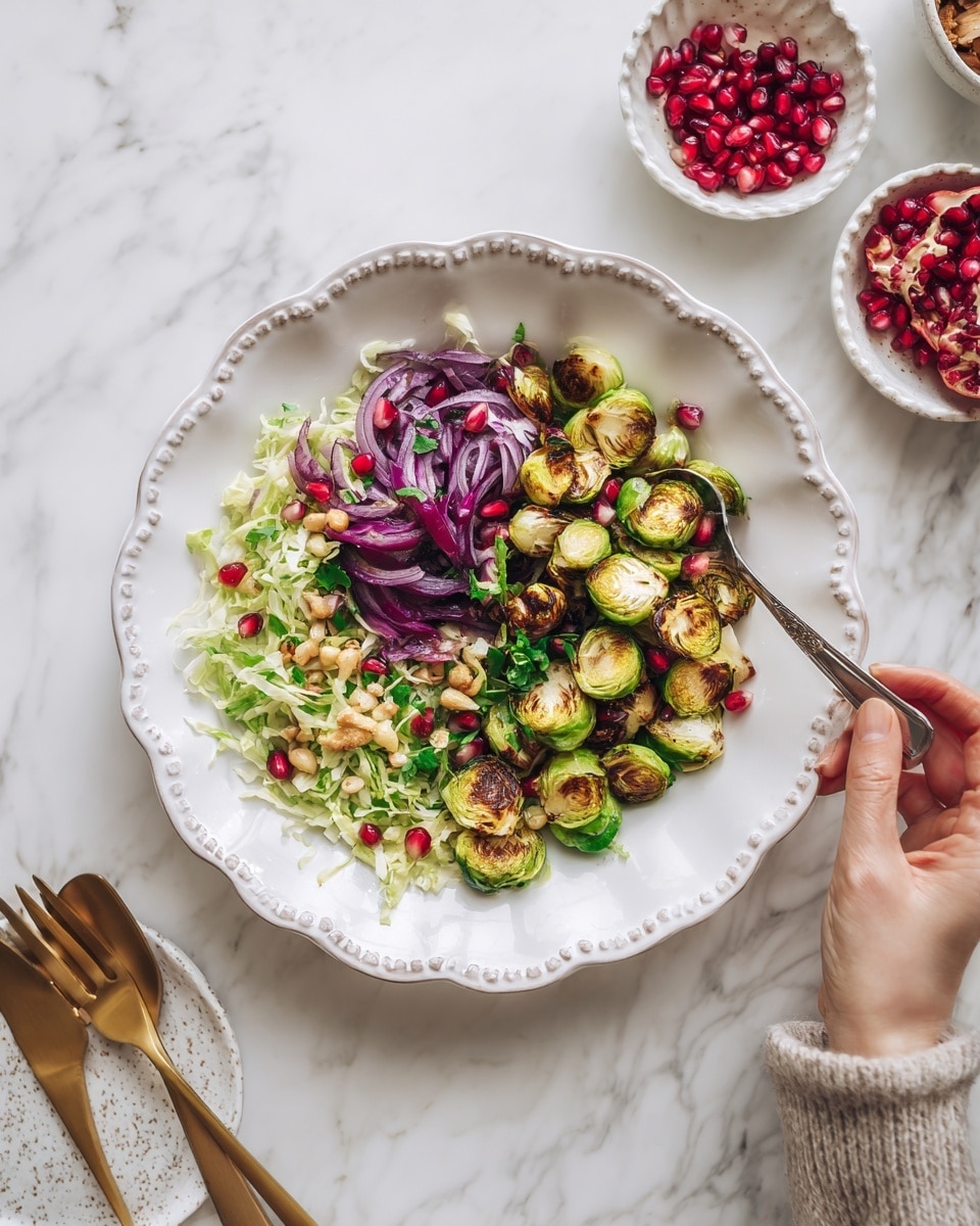 A white fluted plate sits on a white marbled surface holding a colorful salad. The salad has several layers starting with a base of green leaves and halved roasted Brussels sprouts scattered around. On top, there are thin slices of bright pink pickled onions and small pieces of pecans for texture. Red pomegranate seeds are sprinkled over everything, adding bright red pops of color. In the background, there is a small white bowl filled with extra pomegranate seeds, and wooden serving spoons lie to the right of the plate. photo taken with an iphone --ar 4:5 --v 7