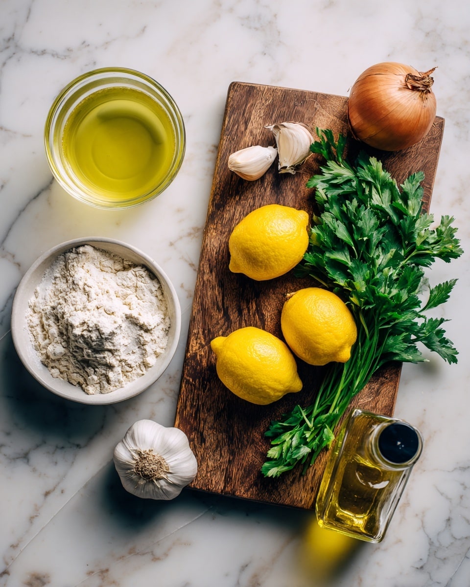The image shows ingredients for cooking placed on a white marbled surface. There is a glass cup with a light yellow liquid on the left side. In the lower left corner, a small white bowl is filled with white flour. On a wooden cutting board to the right, there is one brown onion, two garlic bulbs, two bright yellow lemons, and a bunch of green parsley. Near the bottom right corner, there is a small bottle with yellow oil and a black top. The scene is simple and fresh, with natural colors and textures clearly visible. Photo taken with an iphone --ar 4:5 --v 7