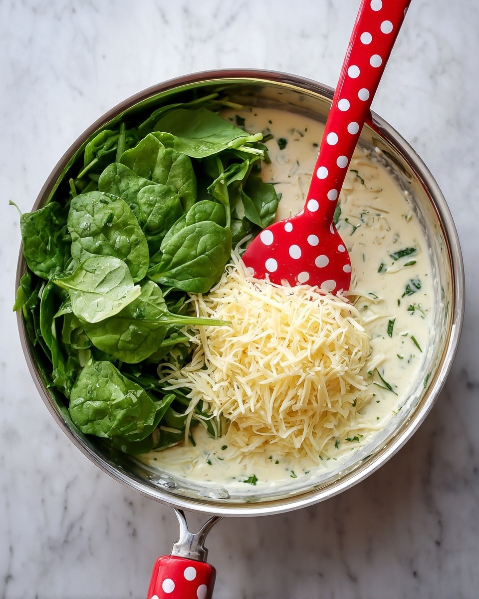 A stainless steel pan is shown from above on a white marbled surface, filled with a creamy white sauce with visible small green herbs mixed in. On top of the sauce, there is a large layer of finely grated pale yellow cheese being stirred with a red spatula that has large white polka dots. Next to this, the same pan contains fresh, bright green spinach leaves piled mostly on one side, partially submerged in the creamy sauce, with the same red and white polka-dotted spatula resting on the pan’s edge. Photo taken with an iphone --ar 4:5 --v 7