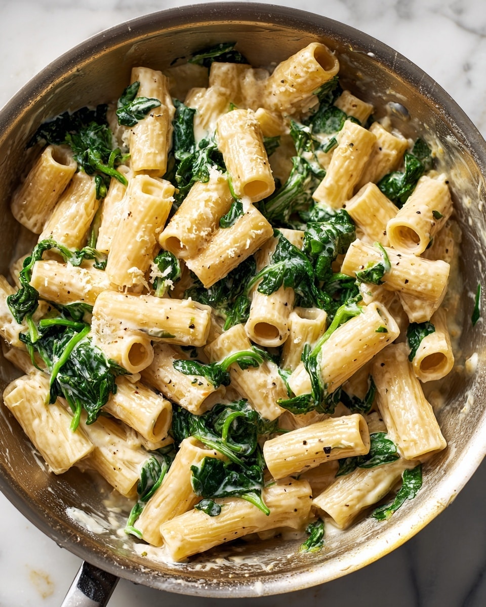 A close-up view of a stainless steel pan filled with creamy rigatoni pasta that has a smooth, pale yellow sauce coating each tube-shaped piece evenly. Bright green fresh spinach leaves are mixed throughout, some wilted and others still fresh, adding contrast to the cream sauce. The pan sits on a white marbled surface, and the sauce looks rich and thick, lightly clinging to the pasta and spinach. The edge of the pan has slight sauce smears, showing it was just stirred. photo taken with an iphone --ar 4:5 --v 7