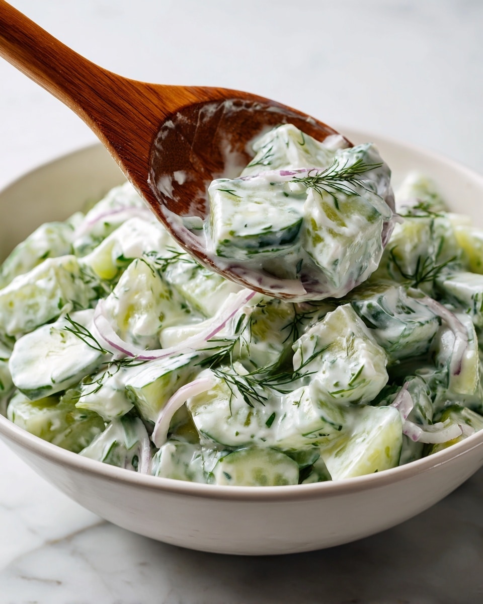 A white bowl filled with a creamy mixture showing chopped green cucumbers and small pieces of purple onion mixed evenly with fresh green dill, all coated in thick white yogurt sauce. A wooden spoon is lifting a scoop of this creamy salad, held by a woman's hand, with the white marbled surface in the background. The textures include the smooth and creamy sauce contrasting with the crunchy vegetables and delicate herb strands. photo taken with an iphone --ar 4:5 --v 7