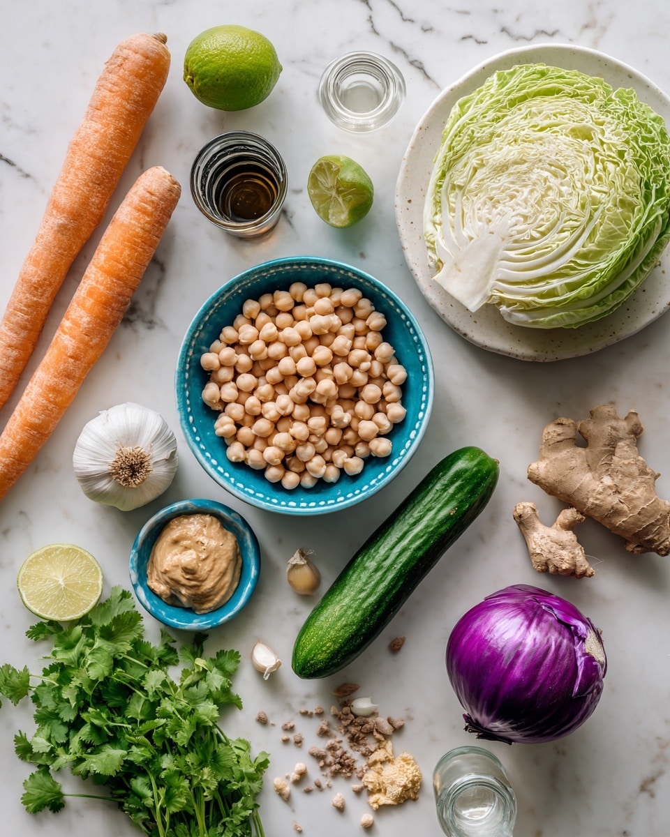 The image shows an overhead view of various fresh ingredients arranged on a white marbled surface. On the left, there are two long orange carrots and a whole lime. A blue bowl sits near the center filled with pale beige chickpeas. Nearby, a small glass contains a dark liquid. On the right, a whole green cabbage with leafy outer layers rests on a white plate, accompanied by an elongated cucumber sliced in half lengthwise showing its light green seeds and flesh. Below, there is a cluster of fresh cilantro with green leaves, a bulb of white garlic, a small blue dish holding a dollop of light brown paste, and a halved purple onion showing its layers. Also present are small piles of light brown ginger root and several clear glass containers with different liquids. The scene is bright and clean, focused on fresh, colorful vegetables and seasonings photo taken with an iphone --ar 4:5 --v 7