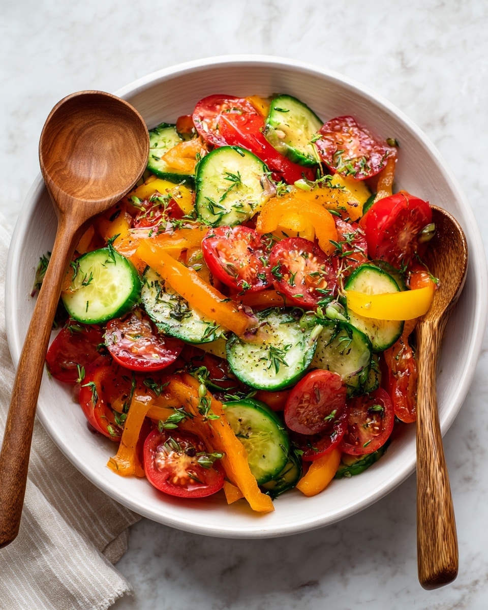 A white bowl filled with a colorful fresh vegetable salad is shown. The salad has chopped cucumber slices with green skin and soft white inside, quartered red and yellow tomatoes with smooth skin, orange bell pepper pieces, and some red onion slices scattered on top. Fresh green leaves are mixed in throughout the salad. The ingredients are layered randomly but evenly, giving a fresh, vibrant look. The bowl sits on a white marbled surface, and next to it are two wooden spoons and some red whole tomatoes. photo taken with an iphone --ar 4:5 --v 7