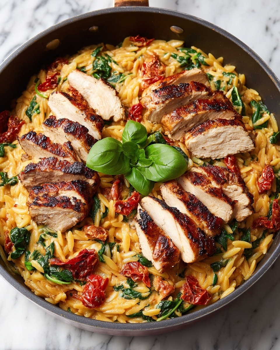 A black pan filled with creamy light orange orzo pasta that has soft green spinach pieces mixed in. On top in the center are six thick, grilled chicken pieces with a golden brown, slightly charred crust. Around the chicken are bright red sun-dried tomato pieces scattered over the pasta. A small bunch of fresh, shiny green basil leaves sits on the chicken, adding a fresh touch. The pan is placed on a white marbled surface. photo taken with an iphone --ar 4:5 --v 7