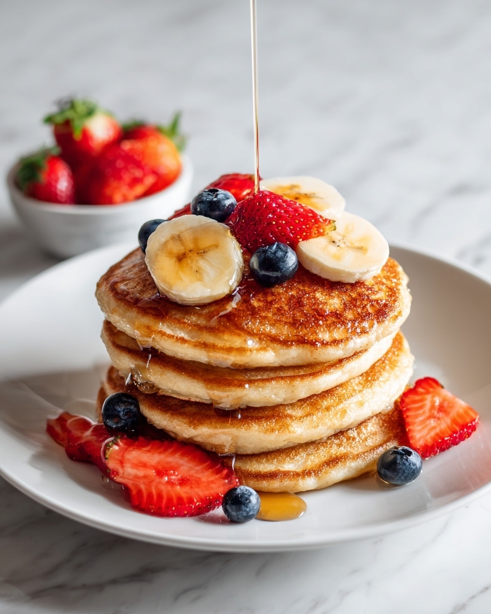 A stack of four golden-brown pancakes sits in the center of a white plate on a white marbled surface. The top pancake is decorated with slices of banana, whole blueberries, and halved strawberries in red and blue, with syrup being poured over the stack, glistening as it flows down the sides. More banana slices, blueberries, and strawberry pieces surround the base of the stack, with syrup pooling on the plate. In the background, slightly out of focus, a white bowl holds whole strawberries. photo taken with an iphone --ar 4:5 --v 7