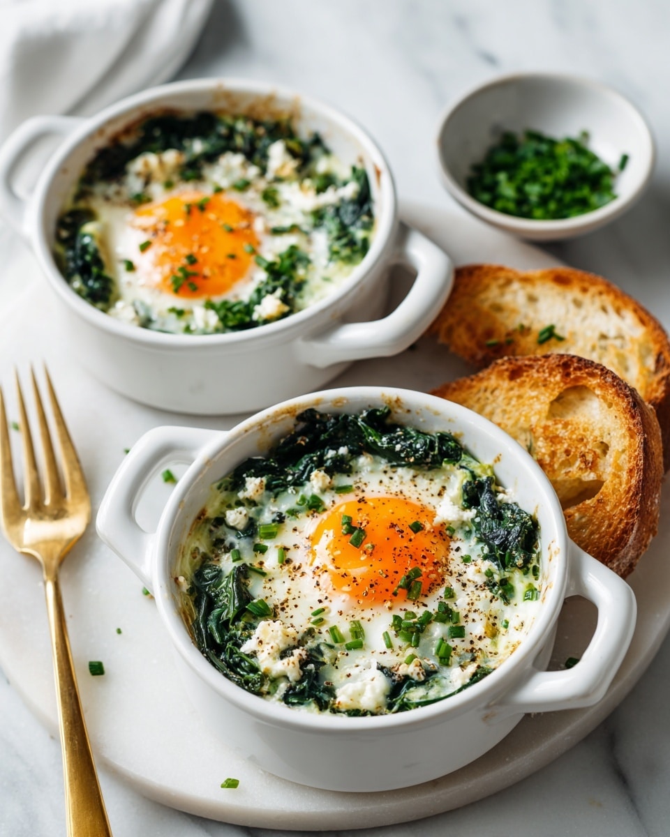 Two white small pots each contain two layers: the bottom layer is a mix of cooked spinach and white cheese with a soft texture, and the top layer has two sunny side eggs with bright yellow yolks and set whites, sprinkled with chopped green chives and black pepper. The pots are placed on a white marbled round board alongside two toasted slices of bread that are golden brown with a slightly crispy texture. A small white dish with extra chopped chives sits in the background, and a golden fork is visible at the right side. The photo taken with an iphone --ar 4:5 --v 7
