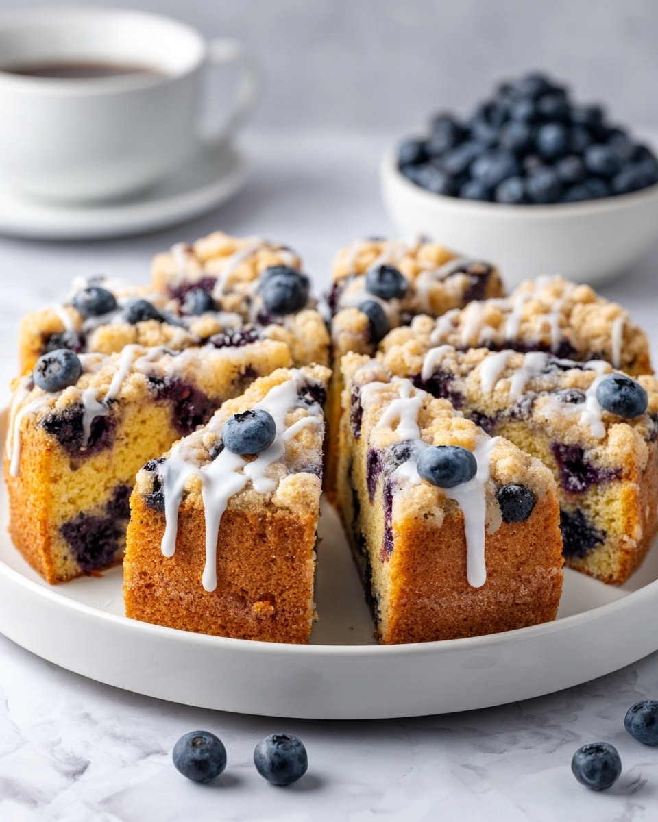 A thick, round cake sits on a white plate, topped with a crumbly golden brown oat streusel that covers the entire surface. Blueberries are scattered throughout the streusel, showing deep blue and purple colors peeking out. A light drizzle of white icing runs unevenly over the top, adding a shiny texture. One slice is removed, revealing a moist cake layer under the crumbly top with more berries inside. The background is a white marbled texture, and a bowl with fresh blueberries is blurred in the background. Photo taken with an iphone --ar 4:5 --v 7