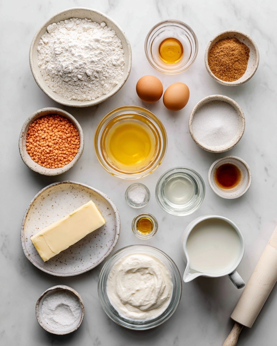 A white marbled surface holds multiple small white bowls and clear glass bowls arranged neatly. Each bowl contains baking ingredients with different textures and colors: one with white flour, one with a single brown egg, one with orange lentils, a small bowl with white powder, a clear glass bowl filled with melted yellow butter, small clear bowls with various liquids including a clear one and two brown liquid ones, a stick of white butter on a small round white plate, and a larger clear glass bowl with white cream. There's also a small bowl of brown sugar and a clear pitcher of milk. A white rolling pin lies on the bottom right side. The overall setting is clean and organized, showing all ingredients ready for baking photo taken with an iphone --ar 4:5 --v 7