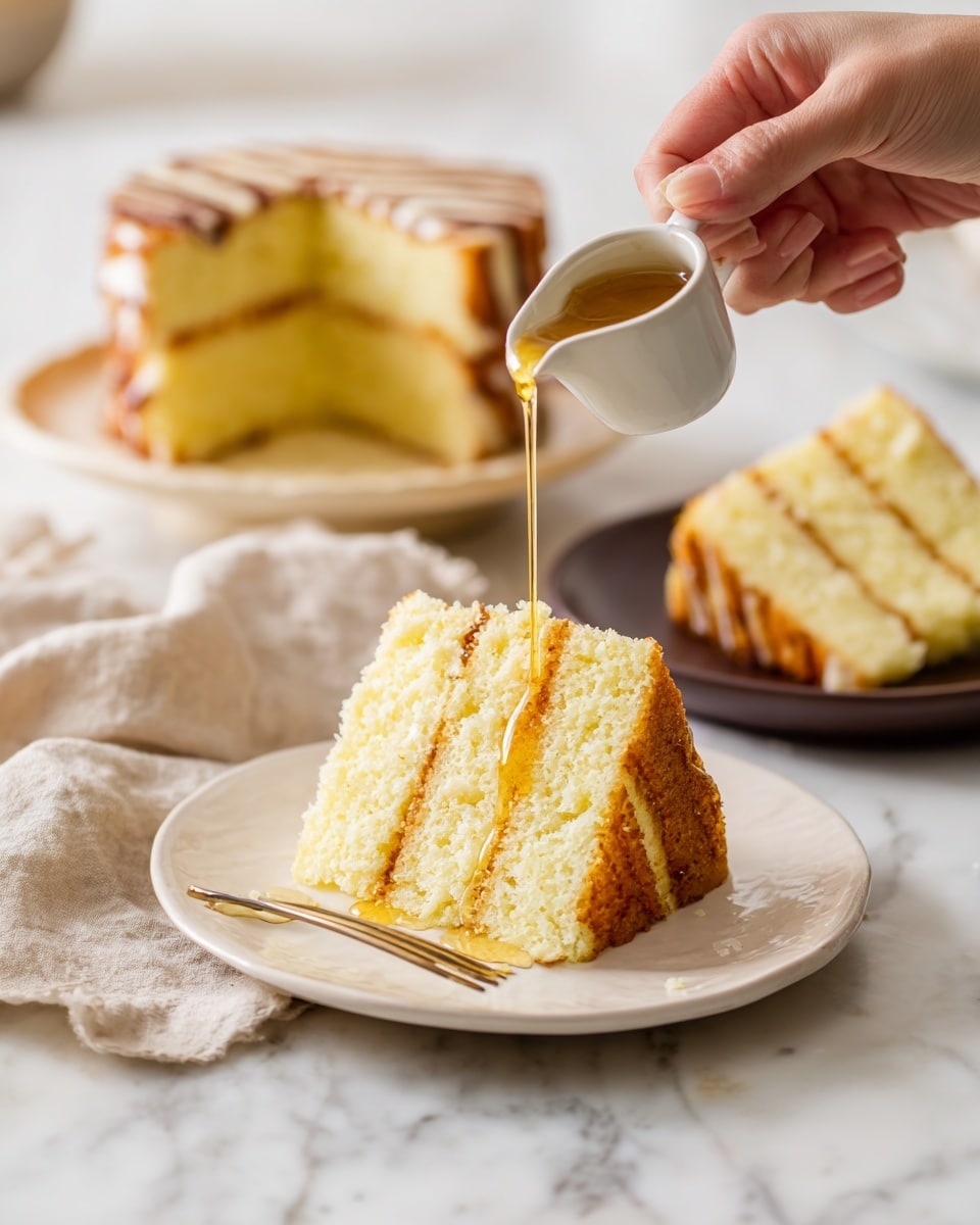 A white plate with a slice of golden-brown layered cake, with visible light and fluffy texture. The top layer is slightly shiny with syrup, being poured from a small container held by a woman's hand above it. The cake sits on a white marbled surface with soft natural lighting that highlights the syrup's glossy flow and the cake's soft crumb. A part of the whole cake on a white plate is blurred in the background, along with a beige cloth on the side. Photo taken with an iphone --ar 4:5 --v 7