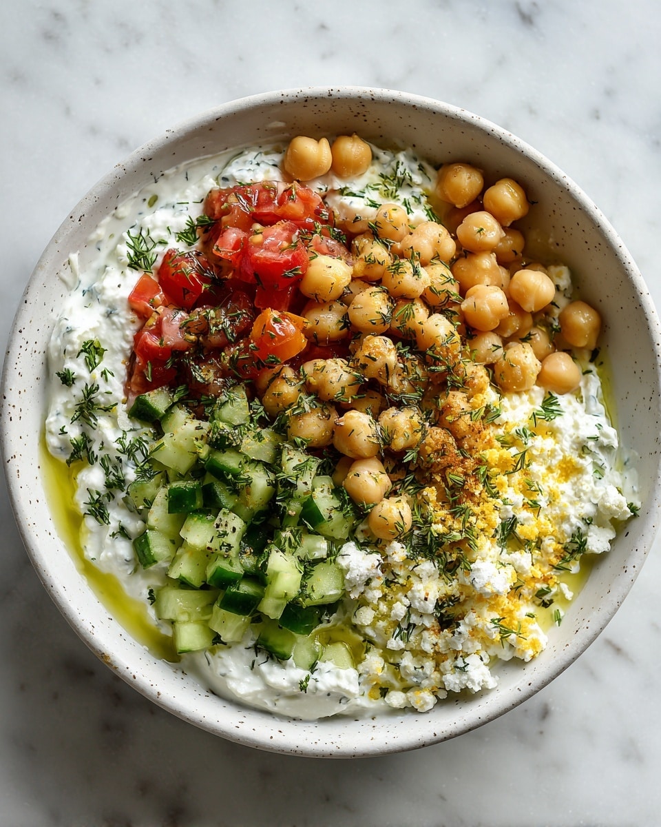 A white bowl with light gold patterns holds a dish with three main layers: the base is a thick, smooth white yogurt spread evenly across the bowl; on top, to one side, there is a pile of small yellowish chopped egg pieces; near it, bright red chopped tomatoes form a small cluster; scattered around and on top are round, beige chickpeas; freshly chopped green cucumbers lie next to the tomatoes and eggs, adding a fresh color contrast; the yogurt is drizzled with a small amount of olive oil that shines softly, and a sprinkle of dark green dried herbs or za'atar adds texture and color contrast. The bowl sits on a white marbled surface with light reflections. Photo taken with an iphone --ar 4:5 --v 7