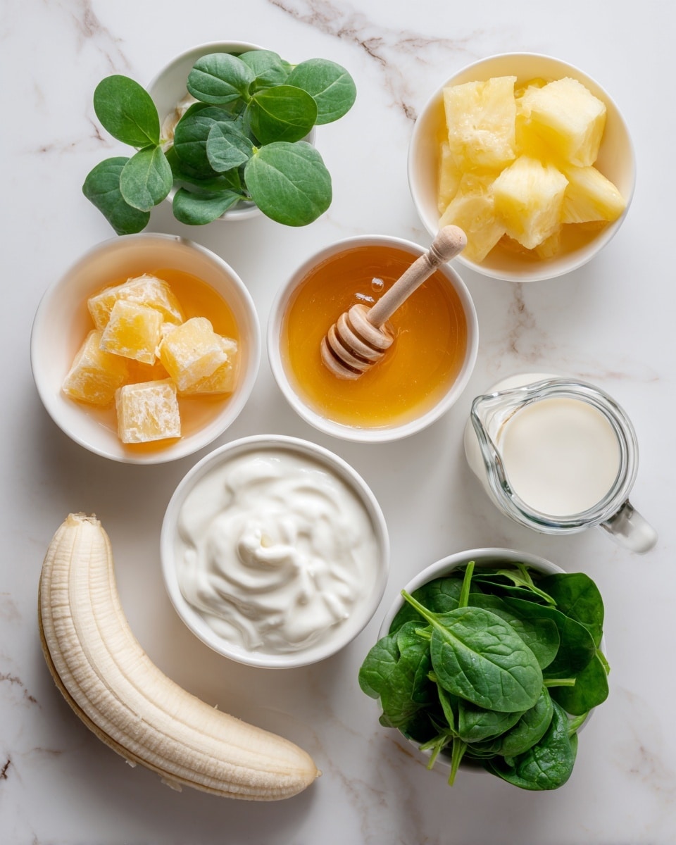 The image shows a white marbled surface with six small white bowls and a peeled banana. The top left bowl has small green leaves that look fresh and soft. The top middle bowl has thick golden honey with a wooden dipper resting in it. The top right bowl holds light yellow pieces of pineapple. Below, the middle left bowl contains orange chunks of fruit. The middle right has a small glass jug filled with white milk. In the bottom middle, a white bowl of creamy white yogurt sits next to a bunch of fresh green spinach leaves in another small white bowl. The peeled banana is placed on the left side, showing thin slices along its length. photo taken with an iphone --ar 4:5 --v 7