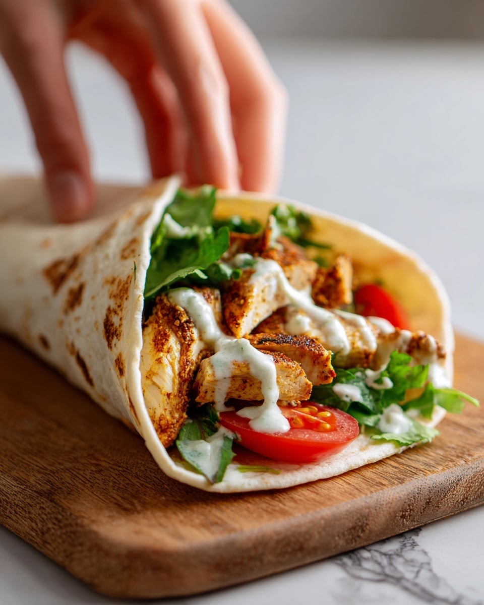 A white tortilla wrap on a white marbled surface filled with about three thick, golden-brown grilled cheese pieces layered with fresh, bright green cilantro leaves. Underneath the cheese, there is a visible layer of thinly sliced red onion and vibrant red tomato slices, all arranged neatly inside the wrap. The wrap is folded only on one side, leaving the other side open to show the colorful layers inside. A woman's hand is gently holding the wrap on the left side. Photo taken with an iphone --ar 4:5 --v 7
