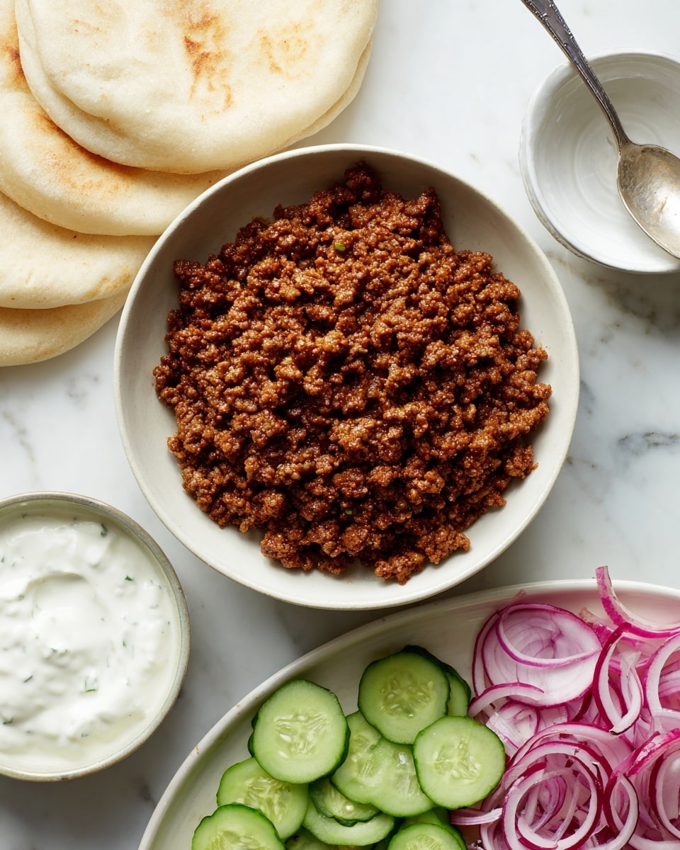 A white bowl filled with cooked ground meat that is brown and crumbly, placed on a white marbled surface. Nearby, there are two pale pita breads with soft texture. To the right, a small white bowl contains a thick white sauce with a spoon in it. Below the sauce, a white plate holds thinly sliced green cucumbers, red radishes, and rings of purple onions, all fresh and vibrant. The overall arrangement is neat and colorful, with the bowls and plate sitting closely together. Photo taken with an iphone --ar 4:5 --v 7