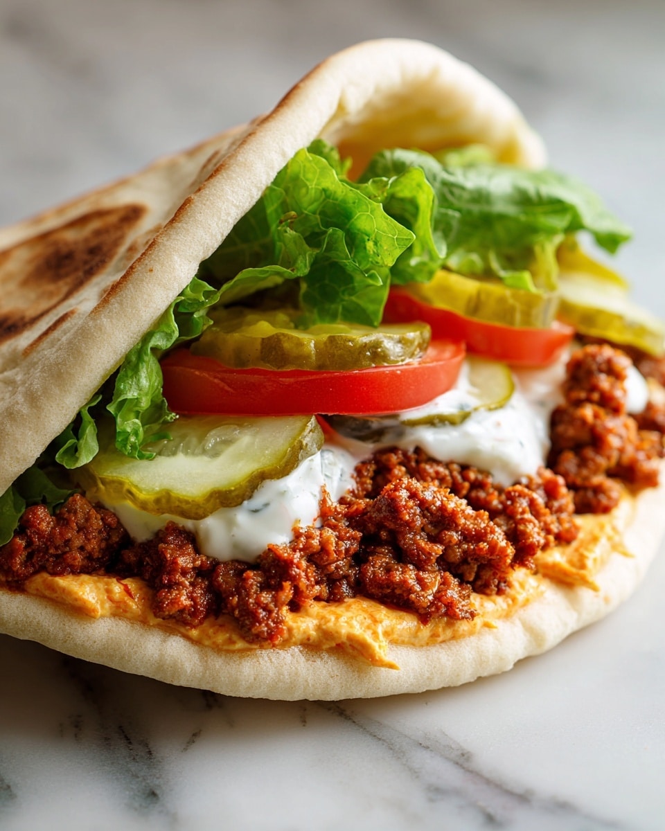The image shows a pita sandwich filled with several layers. The bottom layer is a creamy orange sauce spread on the soft white pita bread. On top of this is a thick layer of cooked ground meat, brown and textured. Above the meat are sliced green pickles followed by fresh green leafy lettuce. There is a thick drizzle of white sauce on the lettuce. A slice of red tomato peeks out under the lettuce. The pita bread has some browned spots on the top, showing it is lightly toasted. The sandwich sits on a white marbled surface with some loose lettuce leaves near it. photo taken with an iphone --ar 4:5 --v 7