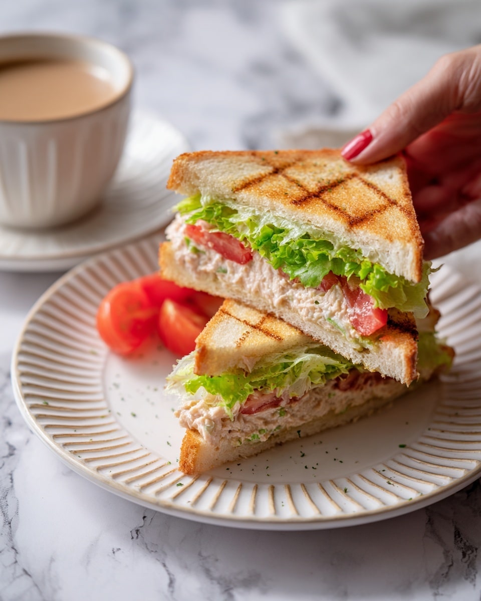 The image shows a white plate on a white marbled surface, holding three toasted sandwich pieces. Each sandwich is cut in triangles, showing layers of golden-brown toasted bread on the outside. Inside, there are visible layers of green lettuce, red tomato slices, and some creamy white spread, with hints of cooked chicken and melted cheese. The sandwiches look crunchy and fresh, arranged neatly with one piece leaning slightly on another. Photo taken with an iphone --ar 4:5 --v 7