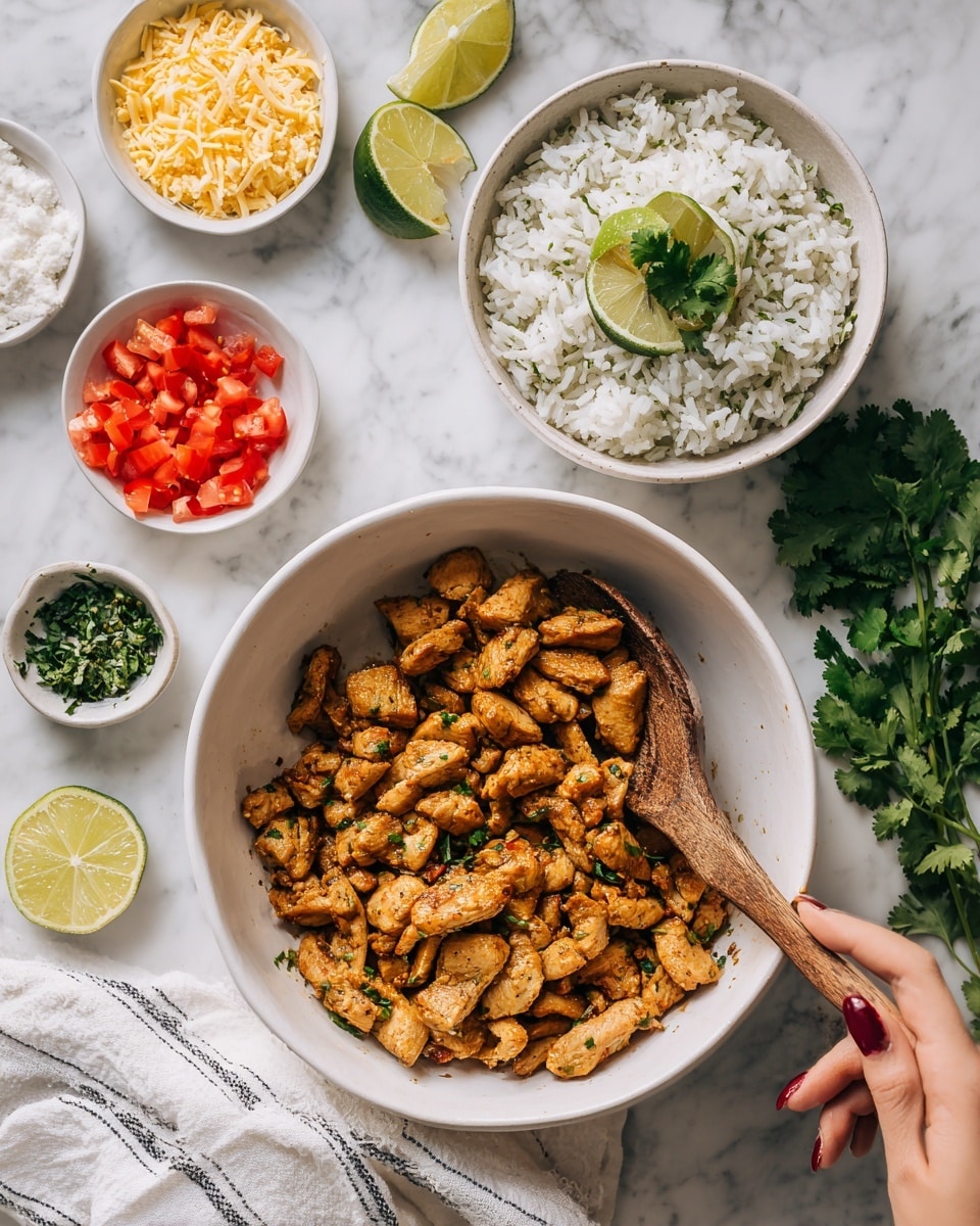 A white bowl filled with small pieces of cooked chicken, golden brown with a slightly crispy texture, sits on a white marbled surface. Nearby, a smaller white bowl with white rice mixed with herbs is topped with a lime wedge. Surrounding these two bowls are small white dishes containing finely chopped toppings including red tomatoes, crumbly yellow cheese, fresh green cilantro leaves, and white salt. A woman's hand holding a wooden spoon is stirring the chicken in the large bowl. A light striped cloth and some lemon slices with cilantro sprigs complete the scene. Photo taken with an iphone --ar 4:5 --v 7