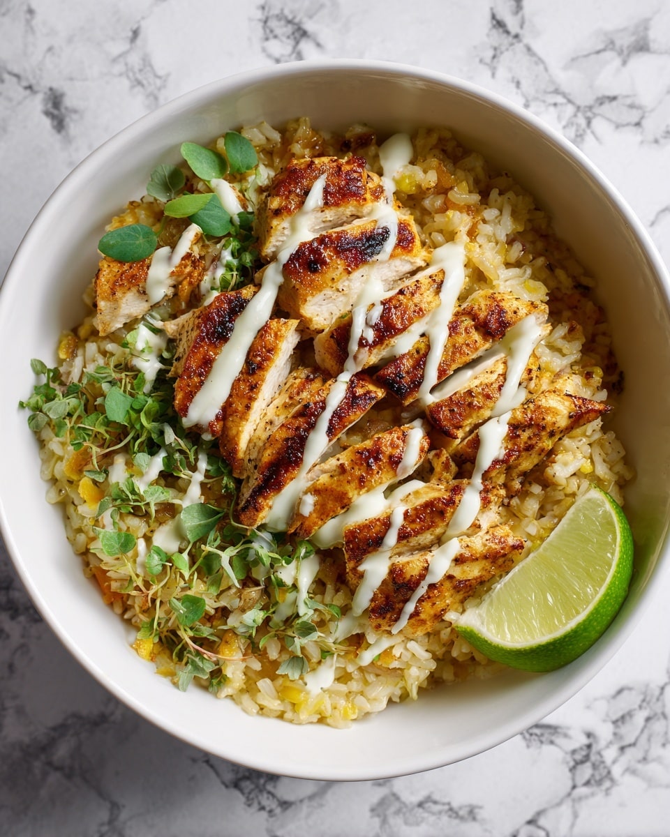 A white bowl filled with a layered dish starting with a base of yellow rice mixed with small bits of brown and light green vegetables. On top, there are several pieces of roasted chicken with a rich brown color and visible crispy edges. The dish is topped with a white sauce drizzled in stripes across the chicken and rice, sprinkled with small chopped green herbs. A bright green lime wedge is placed at the edge of the bowl. The bowl is set on a white marbled surface. photo taken with an iphone --ar 4:5 --v 7