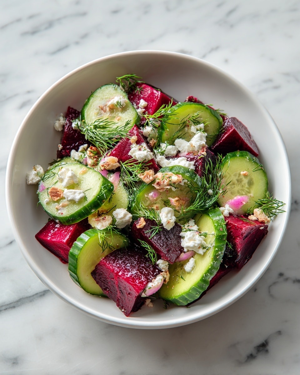 A white bowl filled with a colorful salad featuring three main layers: the base layer consists of dark red beet chunks with a smooth, shiny texture, the middle layer contains curved slices of fresh cucumber showing light green skin and pale flesh with watery crispness, and the top layer is sprinkled with small, crumbly white cheese pieces and delicate green dill sprigs scattered evenly. The bowl is placed on a white marbled surface with a striped gray and white cloth underneath and some fresh dill around the bowl. Photo taken with an iphone --ar 4:5 --v 7