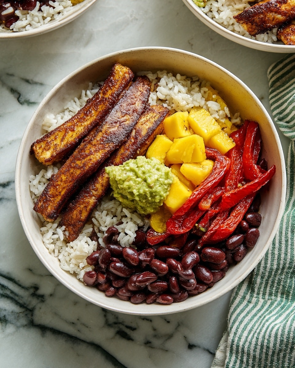 A white bowl is filled with a base layer of white rice mixed with small red beans. On top, there are three long pieces of browned grilled chicken placed side by side. Next to the chicken, bright red grilled bell pepper strips add vibrant color. Diced yellow pineapple pieces sit adjacent to the peppers. A small scoop of green guacamole is placed on top of the peppers near the center. The bowl is set on a white marbled surface, with a striped cloth partially visible in the background. Photo taken with an iphone --ar 4:5 --v 7