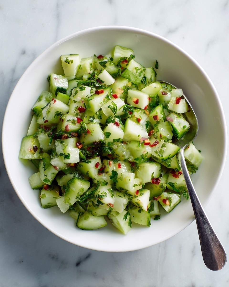 The image shows a white bowl filled with a fresh cucumber salad on a white marbled surface. The salad consists of small, evenly diced cucumber pieces mixed with small chunks of red-skinned apple, scattered green herb leaves, and light brown seeds or spices spread throughout. There is a silver fork resting inside the bowl on the right side. The colors are bright and fresh with green of cucumbers, red from the apples, and scattered dark seeds providing texture contrast. Photo taken with an iphone --ar 4:5 --v 7