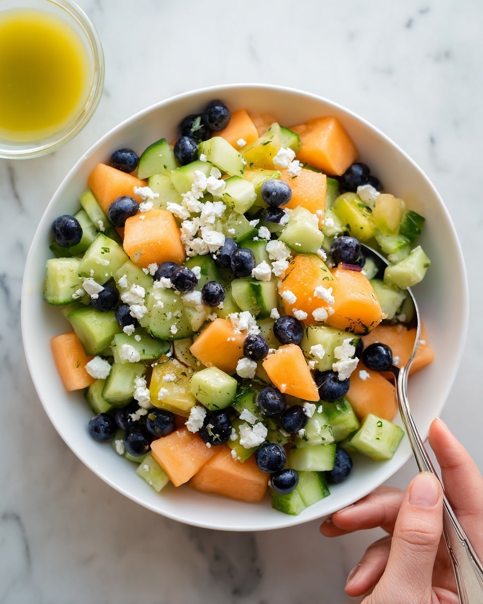 A fresh salad in a white bowl on a white marbled surface, showing three visible layers: the bottom layer has chunks of orange cantaloupe with smooth texture, the middle layer features slices of cucumber with light green skin and watery texture scattered evenly, and the top layer is covered with dark blue blueberries and crumbled white cheese. A green spoon is resting inside the bowl on the right side, and a woman's hand is holding the spoon. In the background, there is a small white bowl with yellow dressing. photo taken with an iphone --ar 4:5 --v 7