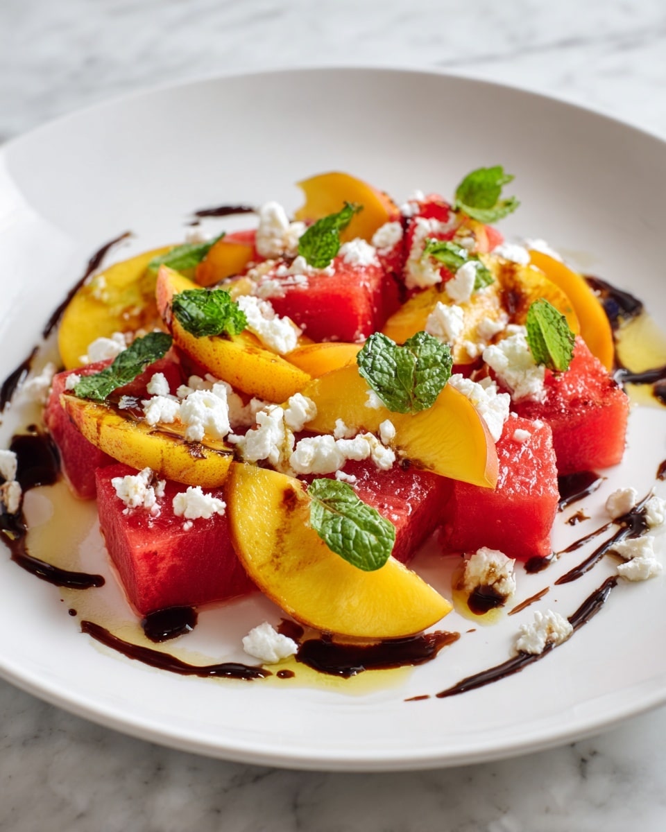 The image shows a white plate filled with a salad made of watermelon chunks and peach wedges arranged in layers. The watermelon pieces are bright red with a juicy texture, placed beneath and mixed with golden-yellow peach slices. Scattered on top are small white pieces of cheese, adding a crumbly texture. Fresh green mint leaves are placed evenly across the fruit for a pop of color. The dish is drizzled with a dark brown balsamic glaze that pools slightly around the fruits. The plate sits on a white marbled surface. Photo taken with an iphone --ar 4:5 --v 7