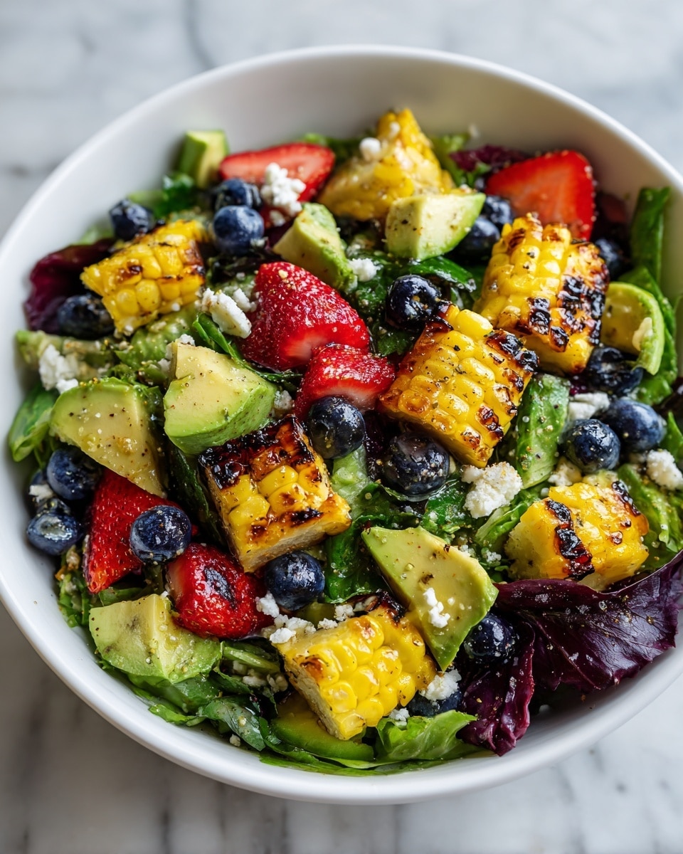 A fresh salad in a white bowl on a white marbled surface shows several layers of ingredients. The base layer is made of mixed green leafy lettuce, including both dark and light green leaves. On top, there are small yellow corn pieces that look grilled with slight char marks, scattered throughout. Bright red strawberry slices and whole blueberries add pops of vibrant color on different parts of the salad. Cubes of light green avocado are spread evenly, and small white dollops of soft cheese are scattered around the bowl. Finely chopped green herbs cover the salad, and a light seasoning is sprinkled on top. The whole dish looks colorful, fresh, and inviting, with a mix of soft and crunchy textures. Photo taken with an iphone --ar 4:5 --v 7