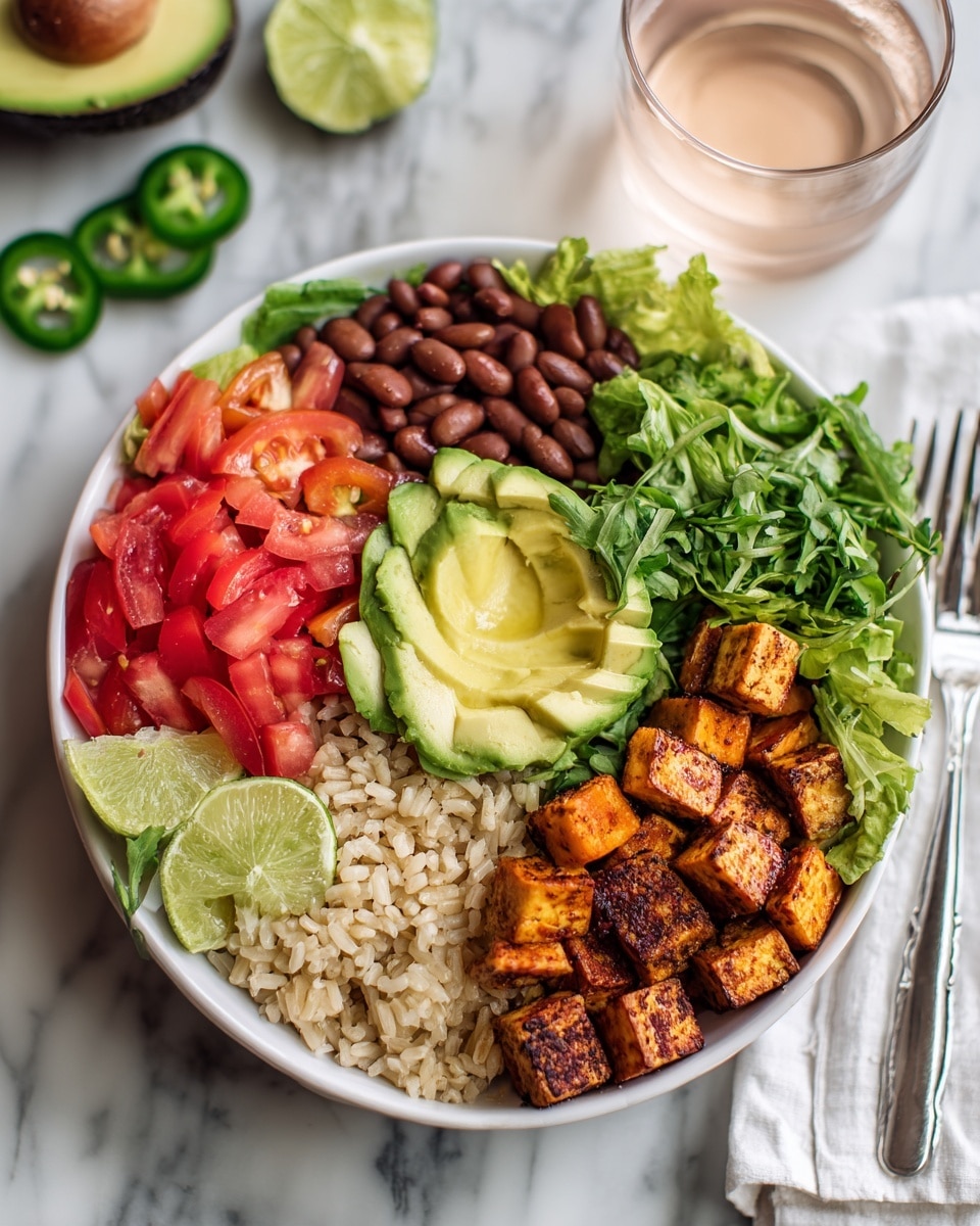 A white bowl filled with a colorful layered salad placed on a white marbled surface, featuring a base layer of light brown rice, topped with layers of dark beans, diced light brown tofu, bright red cherry tomato halves, pale green avocado slices, fresh green lettuce leaves, and two pale green lime wedges on the side, with a silver spoon beside the bowl; a creamy light sauce in a small white cup is visible in the top left corner, and a sliced avocado along with jalapeño pieces are placed nearby. Photo taken with an iphone --ar 4:5 --v 7