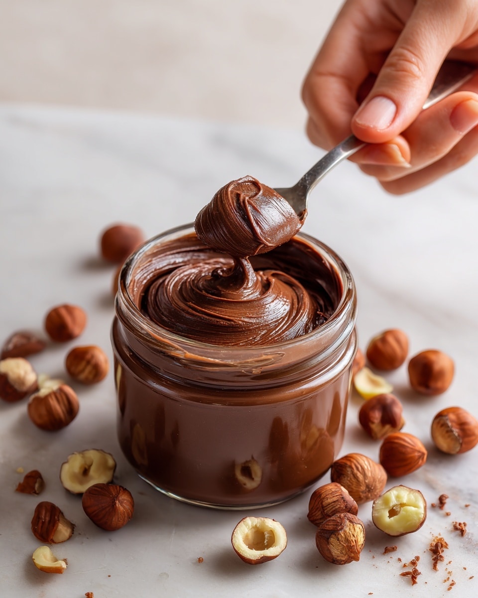 A clear glass jar filled with rich, smooth chocolate hazelnut spread is placed on a white marbled table. The spread is swirled on the top, showing a thick, creamy texture with shiny highlights. Around the jar, many whole and cracked hazelnuts are scattered, revealing their light brown shells and cream-colored insides. A woman's hand holds a metal spoon with a dollop of spread on it above the jar. The background also has a few small crumbs, adding a natural, rustic feel. photo taken with an iphone --ar 4:5 --v 7