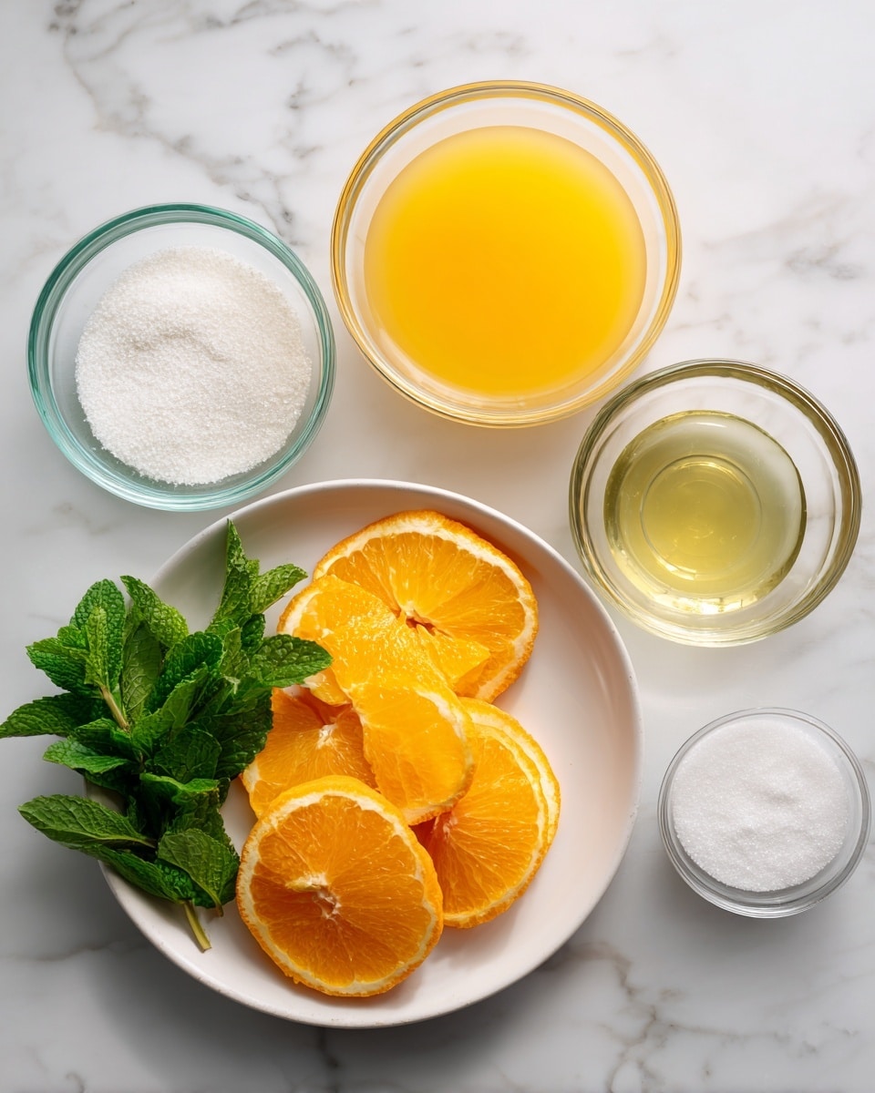 A white bowl sits empty next to a white plate holding five orange slices arranged neatly with a small bunch of fresh green mint leaves on the side. Surrounding the bowl and plate are five clear glass bowls holding different ingredients: a large bowl filled with bright orange juice, a smaller bowl with light yellow juice, a small bowl of golden-colored liquid, and a medium bowl full of white granulated sugar. All items are placed on a white marble surface. Photo taken with an iphone --ar 4:5 --v 7