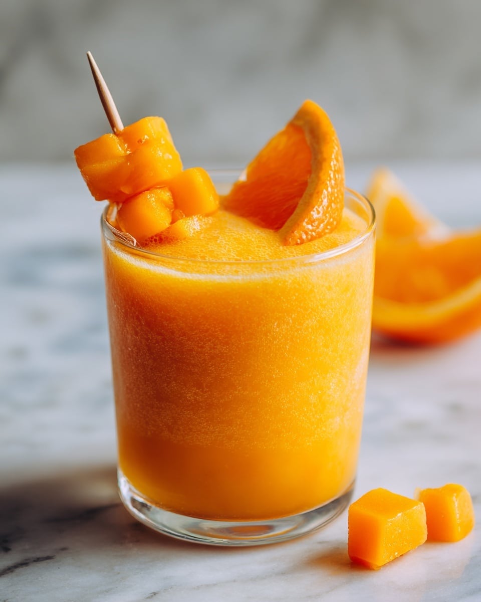 A clear glass filled with bright orange drink showing ice cubes inside, next to a thin orange slice placed vertically inside the glass. A woman's hand is holding a clear straw with a small piece of orange fruit on top, positioned above the drink. The background and surface are white with a marbled texture creating a clean, fresh look. Photo taken with an iphone --ar 4:5 --v 7