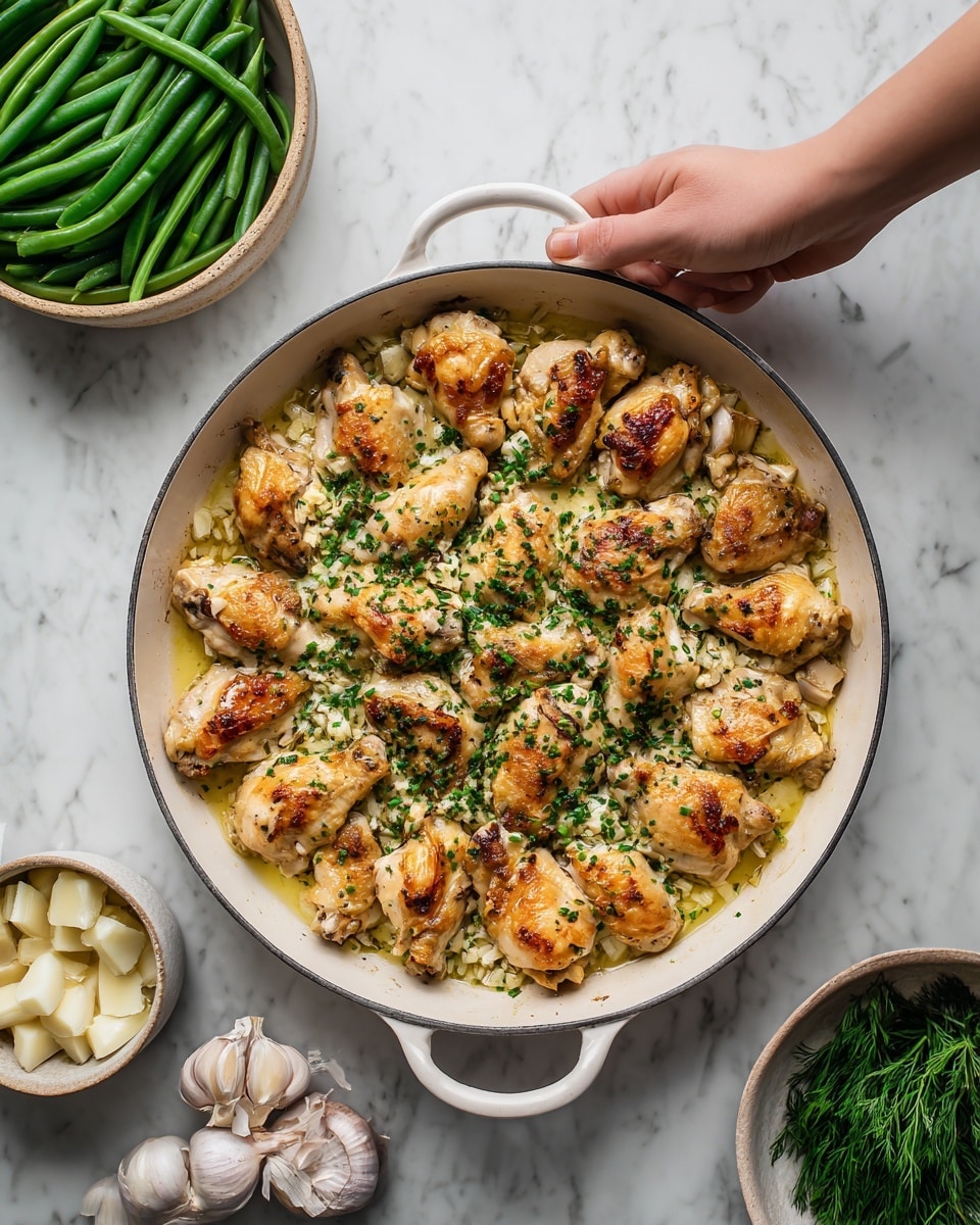 The image shows a white pan on a white marbled surface with roasted small chicken pieces in it. The chicken pieces are golden brown and arranged in an even layer covering the pan's base. On top of the chicken, there are finely chopped green herbs scattered in the center. Around the pan on the marble surface, there are bowls with green beans and garlic cloves. A woman's hand is reaching towards the pan from the upper left side. Photo taken with an iphone --ar 4:5 --v 7