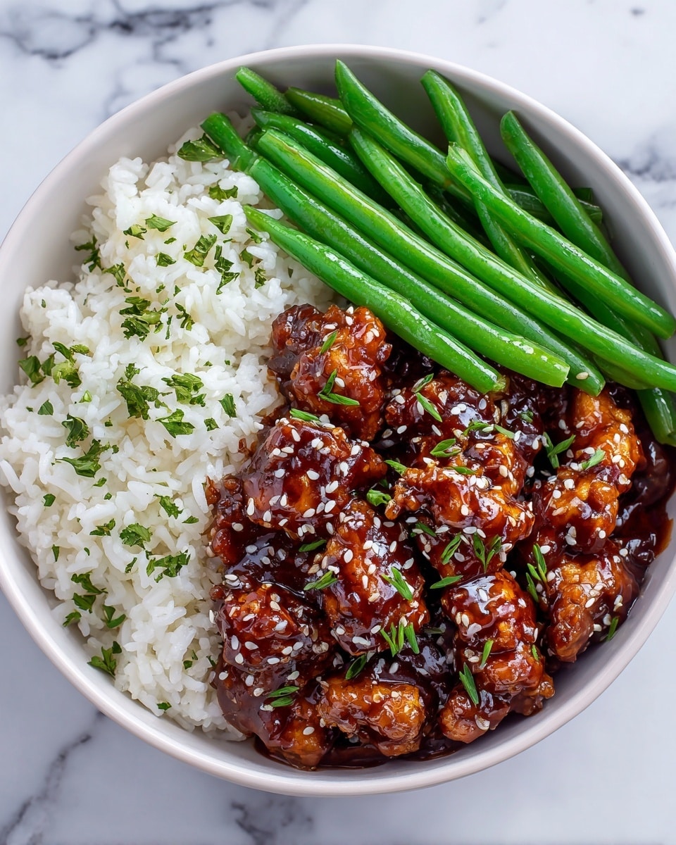 A white bowl with three sections of food: on the left, pieces of glazed chicken with a dark brown color and sprinkled with white sesame seeds; on the top right, a serving of fluffy white rice with small green garnish; on the bottom right, bright green cooked green beans that look tender and shiny. The bowl sits on a white marbled surface. Photo taken with an iphone --ar 4:5 --v 7