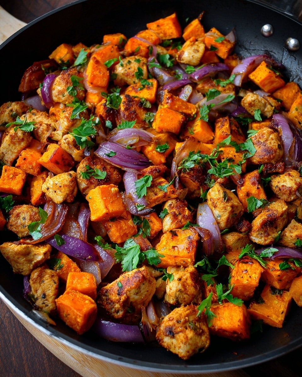 A black skillet filled with a warm dish made of cubed orange sweet potatoes, pieces of browned cooked chicken, and chunks of purple-red onion. The food is mixed with small green herb leaves sprinkled on top, with a light creamy sauce spread throughout. The skillet sits on a white marbled surface. photo taken with an iphone --ar 4:5 --v 7