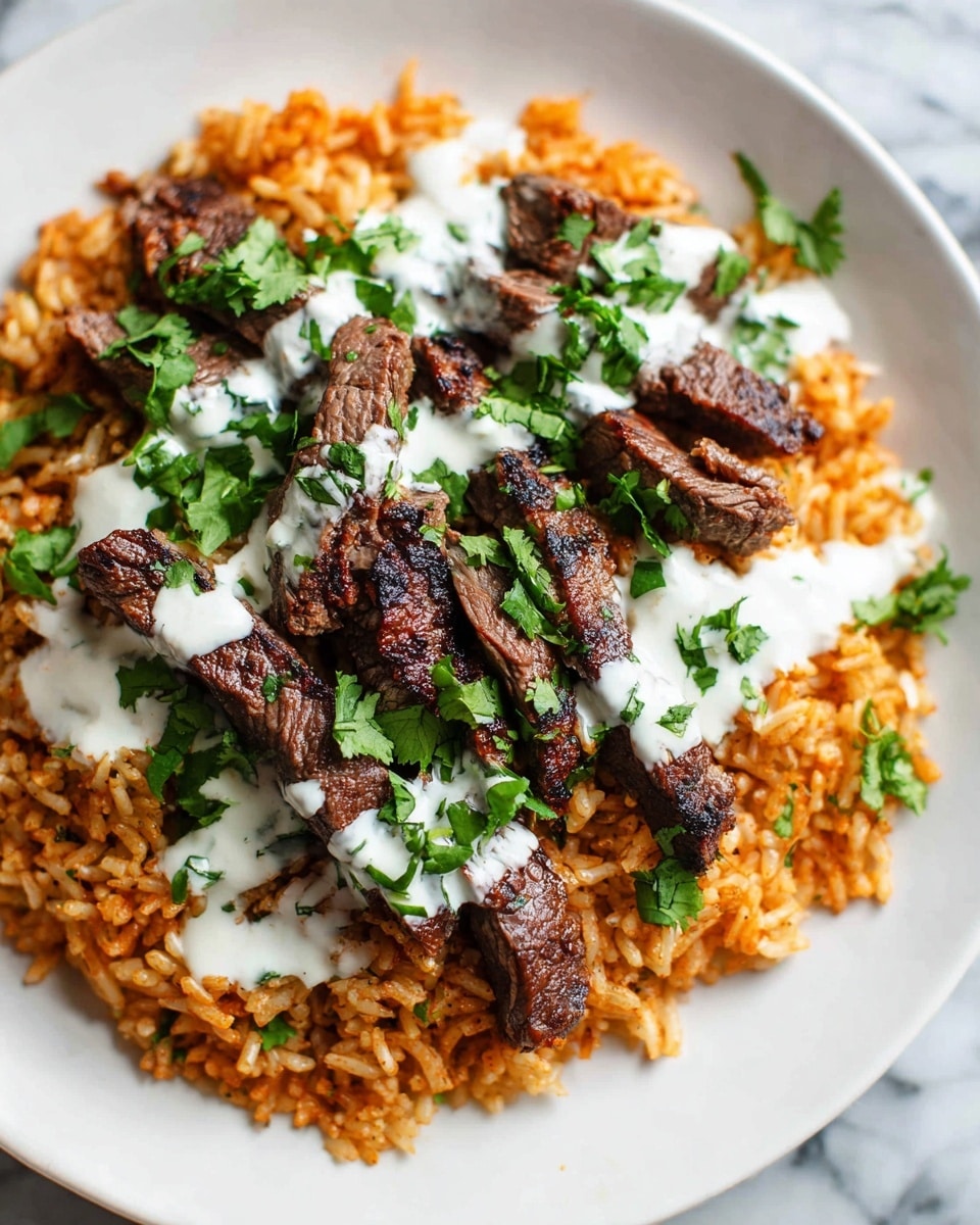 A white plate holds a colorful dish with a base of orange rice spread evenly across the plate. On top of the rice, there are several strips of cooked meat arranged in a neat line across the middle. The meat is dark brown and looks tender. Over the meat and rice, there is a generous drizzle of creamy white sauce with small green cilantro leaves scattered evenly over the dish, adding a fresh touch. The surface underneath the plate shows a white marbled texture. photo taken with an iphone --ar 4:5 --v 7