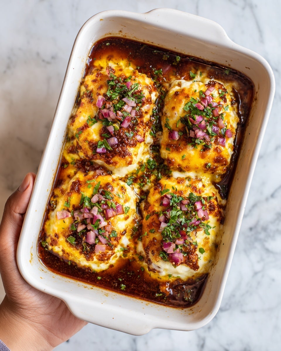 Four square pieces of layered food sit in a white rectangular dish, each covered with melted golden cheese. On top of the cheese are small colorful pieces of red onion and green herbs, sprinkled evenly. A reddish-brown sauce pools around the edges, adding a shiny texture. The dish is placed on a white marbled surface with a black and white striped cloth partly visible on the side. Photo taken with an iphone --ar 4:5 --v 7