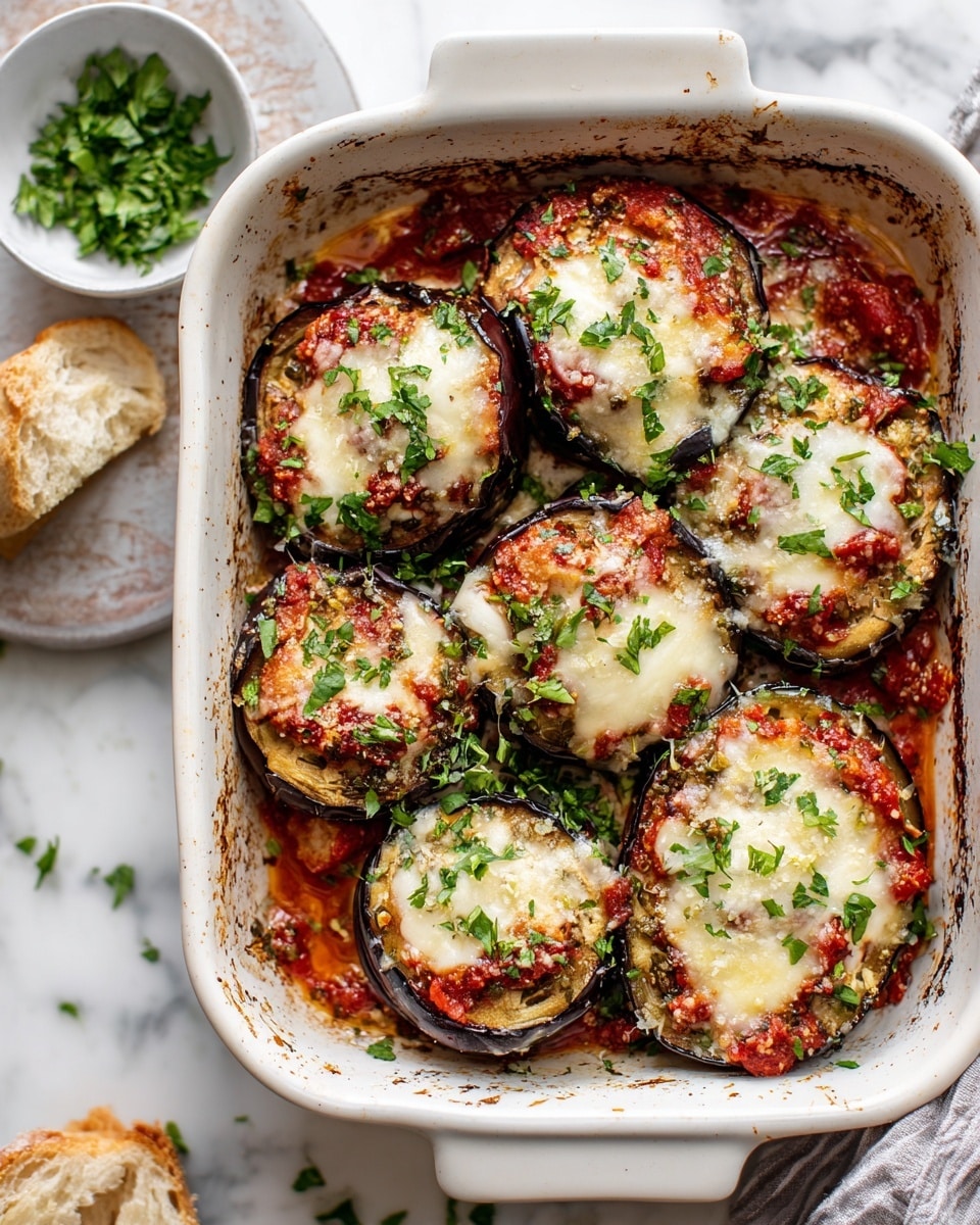 The image shows a white rectangular baking dish filled with stacks of round eggplant slices layered with a chunky red tomato sauce, bits of cooked vegetables, and melted light golden cheese on top. Each stack has about three layers with bright green chopped herbs sprinkled over them. The sauce spreads across the pan’s bottom, mixing with melted cheese and herbs. The dish sits on a white marbled surface, with some fresh chopped herbs in a white bowl nearby and a torn piece of bread partially visible at the top left corner. Photo taken with an iphone --ar 4:5 --v 7