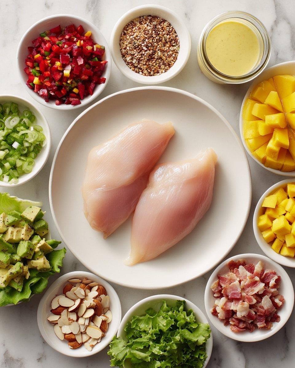 The image shows a white plate in the center with two raw chicken pieces that are light pink and smooth. Around the plate are small white bowls filled with different colorful ingredients: green leafy lettuce, diced green onions, bright red chopped bell peppers, yellow diced mango, pale avocado chunks, light brown slivered almonds, small pink bacon bits, and a mixture of seeds and spices with light brown and beige tones. The background is a white marbled surface, and a jar of light yellow dressing is near the top of the image. The composition is clean and organized with a clear view from above. Photo taken with an iphone --ar 4:5 --v 7