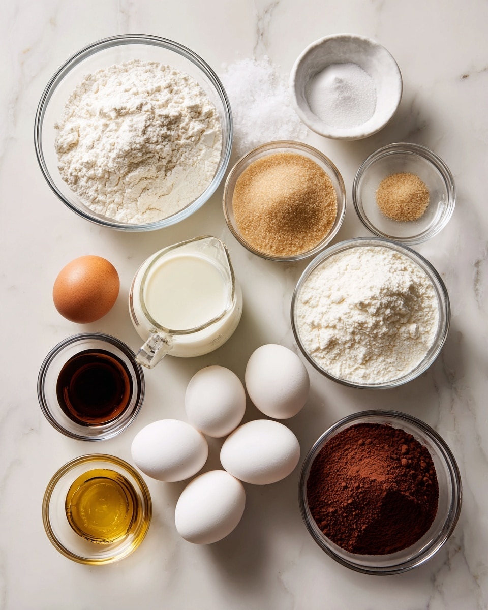 The image shows various baking ingredients arranged neatly on a white marbled surface. At the top left, there is a glass bowl with white flour, and next to it on the top right is a small white bowl with salt. Below the flour, there is a larger glass bowl filled with light brown sugar, and beside it on the left side lies a white egg. In the center, a clear measuring cup contains milk, and underneath it, there are five white eggs placed in a cluster. On the bottom left, there are two small glass bowls, one with dark brown powder and the other with a golden liquid, likely vanilla. On the bottom right, there is a bowl filled with cocoa powder and next to it, a glass bowl holding white liquid. The composition is clean and well-organized. Photo taken with an iphone --ar 4:5 --v 7