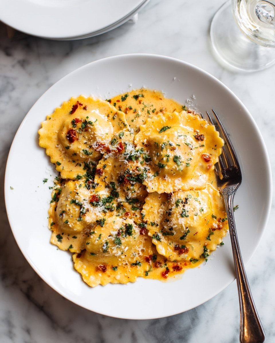 The image shows a white plate with about seven large ravioli pieces covered in a creamy orange sauce mixed with small bits of green herbs and red peppers. The ravioli are soft with a shiny, smooth texture, and the sauce has a thick consistency that coats each piece evenly. Shredded white cheese and small green herb pieces are sprinkled on top. The plate is on a white marbled surface with a silver fork resting on the right side, and in the background, there is a clear glass with a light yellow drink and a light blue cloth. photo taken with an iphone --ar 4:5 --v 7