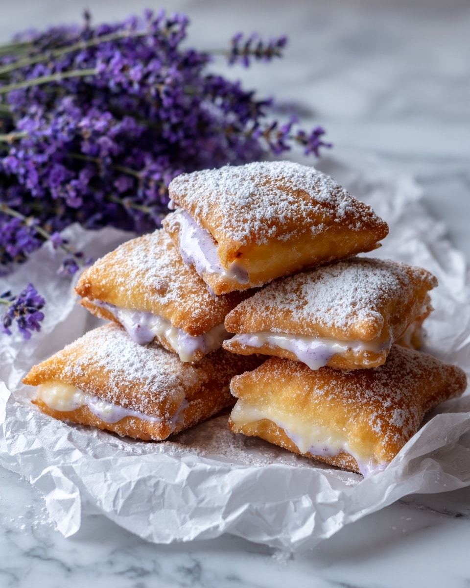 A stack of golden brown, square-shaped fried pastries filled with light purple cream is shown on white parchment paper over a white marbled surface. Each pastry is puffed with layered flaky texture, with the purple cream slightly spilling out from the sides. The pastries are dusted generously with white powdered sugar, giving them a soft snowy look. In the background, there are sprigs of fresh purple lavender flowers adding a natural and colorful touch. Photo taken with an iphone --ar 4:5 --v 7