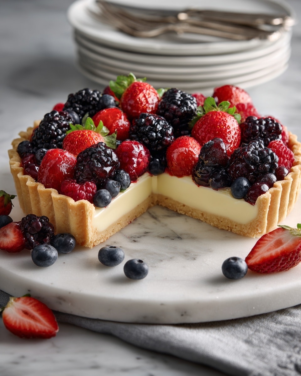 A round tart with a golden crust forms the base, topped with a creamy pale yellow layer covered by a thick mix of fresh red strawberries (some sliced in half showing their juicy inside), red raspberries, dark blackberries, and small blue blueberries. The tart sits on a smooth white marble surface with scattered berries around it, and a stack of white plates with silver forks is blurred in the background. The whole scene is softly lit, highlighting the bright colors and fresh textures of the fruits photo taken with an iphone --ar 4:5 --v 7