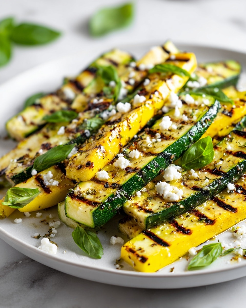 The image shows a white plate with grilled zucchini and yellow squash slices layered side by side, each slice long, thin, and slightly charred with brown grill marks. The green and yellow colors of the vegetables contrast with white crumbles of cheese scattered on top. Bright green basil leaves are spread across the vegetables adding freshness to the dish. The plate sits on a white marbled surface with a gray and white striped cloth in the background. photo taken with an iphone --ar 4:5 --v 7